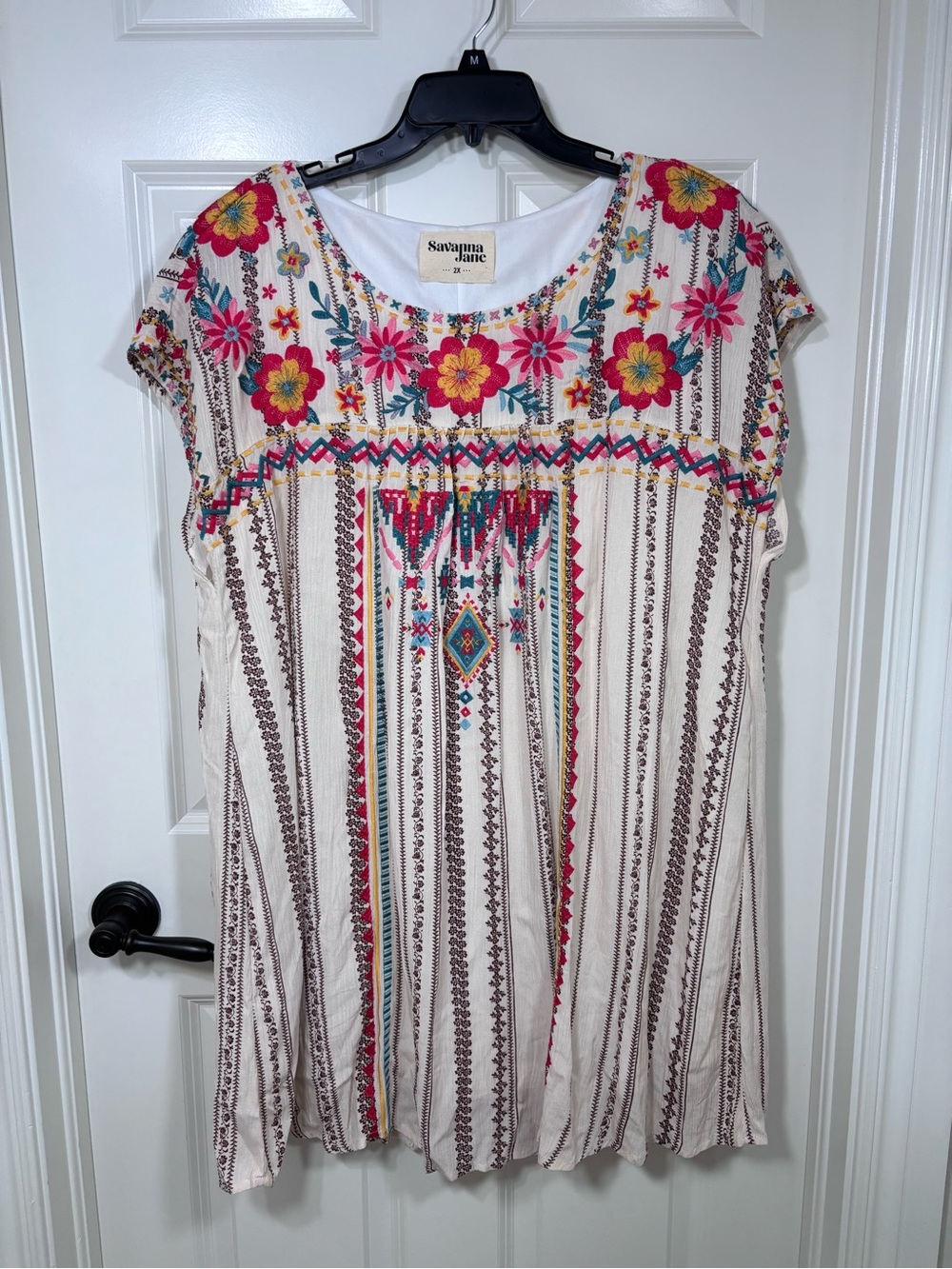 Savanna Jane Floral Embroidered Lined Shift Dress Women’s 2X Cream Boho